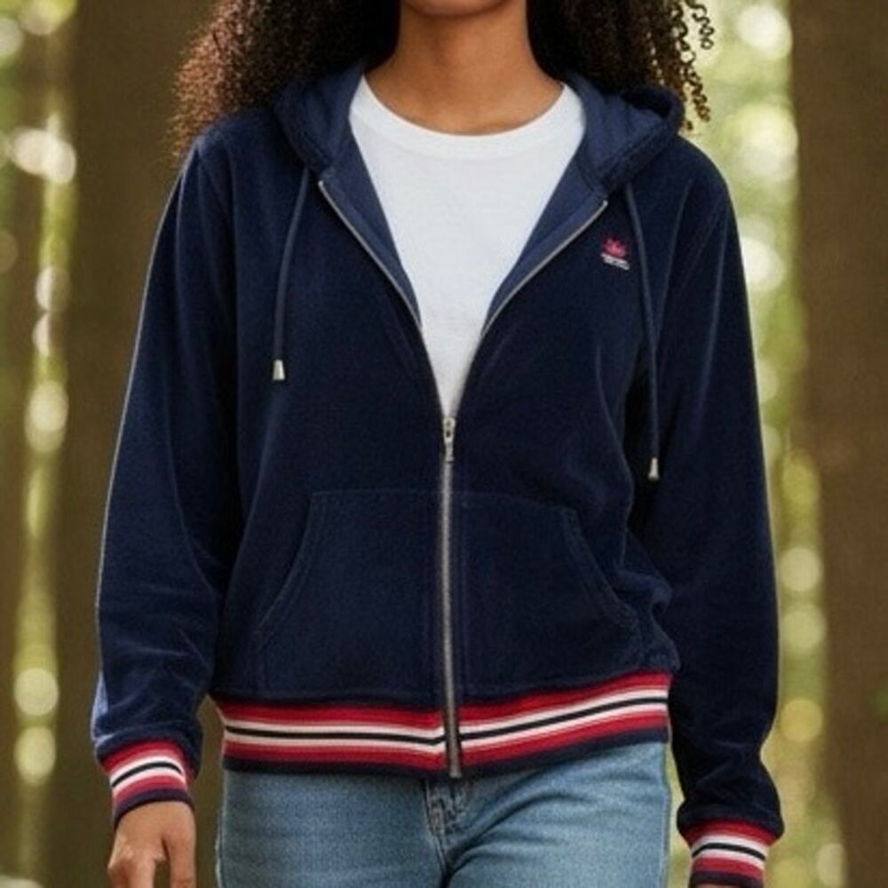 Norton McNaughton navy blue velour hoodie striped hem and cuffs size PXL